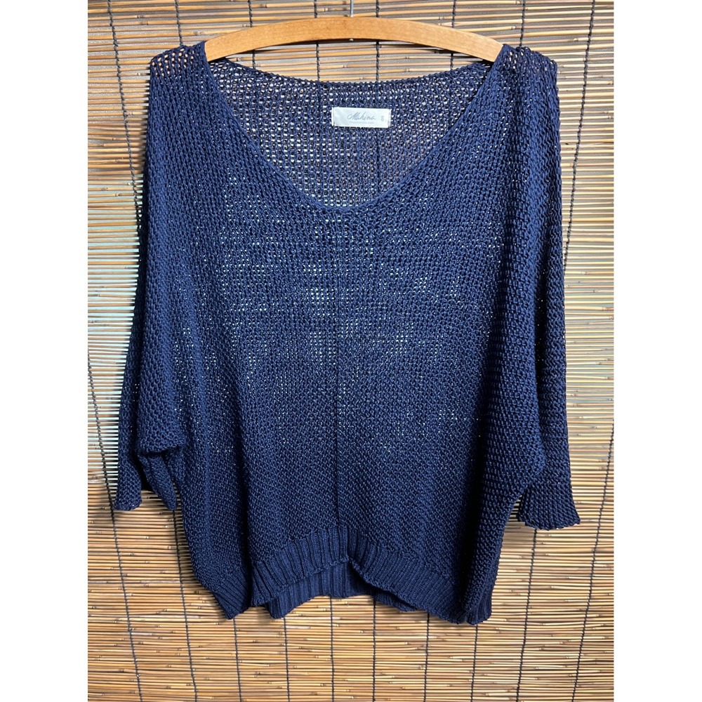 Mahina Navy Blue Open Knit Batwing Sweater V-Neck Oversized OS c22